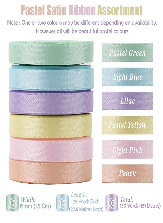 STORE 2508 Store2508 6 Rolls Pastel Ribbon for Crafts Pastel Rainbow 15mm Double Face Satin Assortment Thin Ribbon for Gift Wrapping Silk for Wedding Party Decorations Total 150 Yards (137 Metres) - Image 2